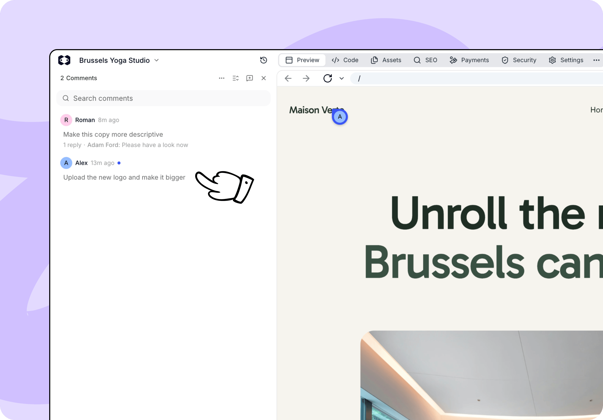 Het paneel Opmerkingen in de chat met twee gesprekken en een markering op het logo in de preview