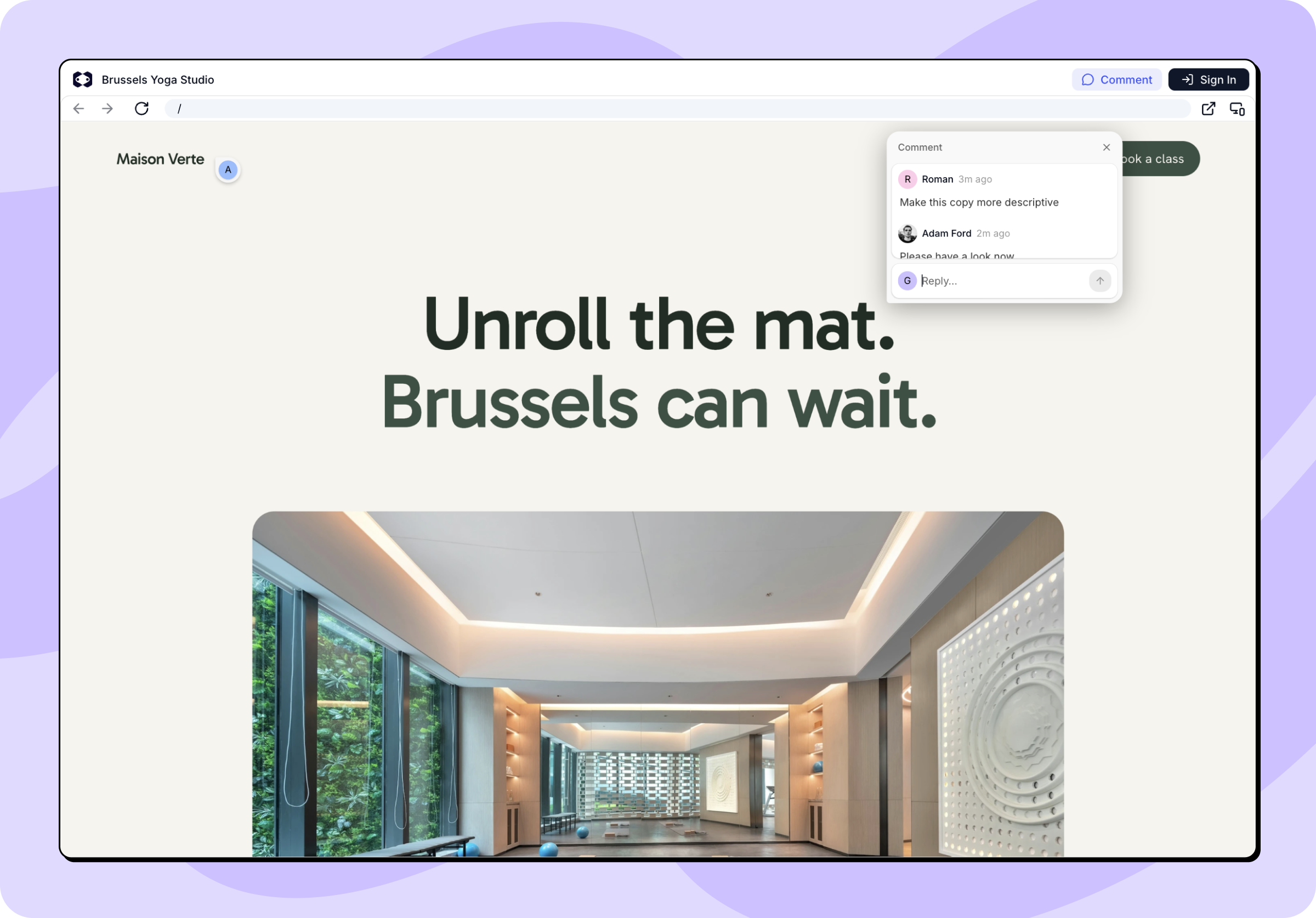 De gedeelde preview met de knop Reageren in de bovenbalk en een open gesprek vastgezet bij de kop