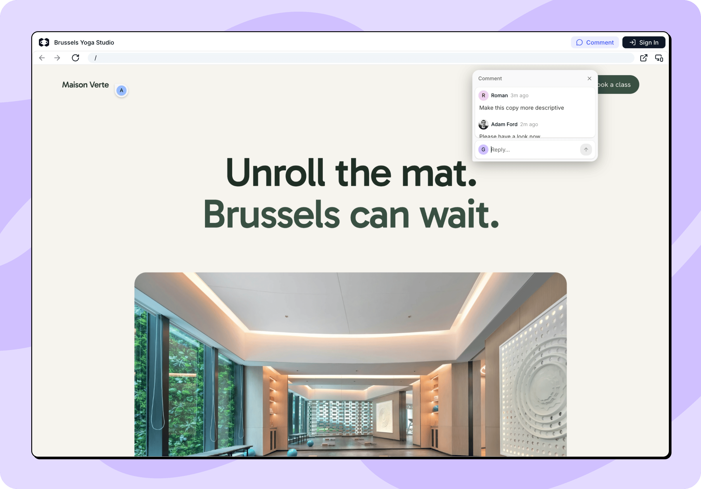 De gedeelde preview met de knop Reageren in de bovenbalk en een open gesprek vastgezet bij de kop