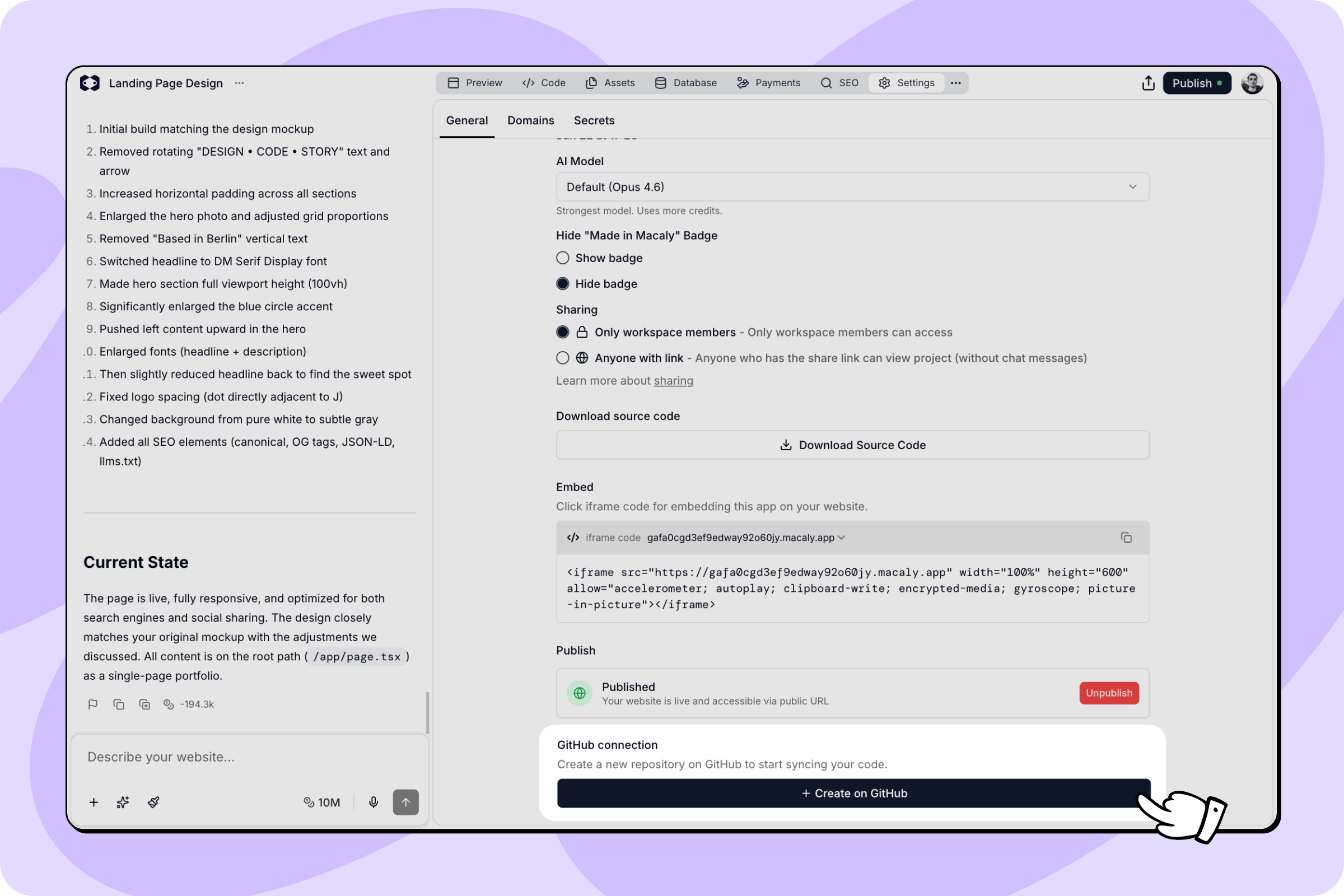 Settings General GitHub connection Create on GitHub button