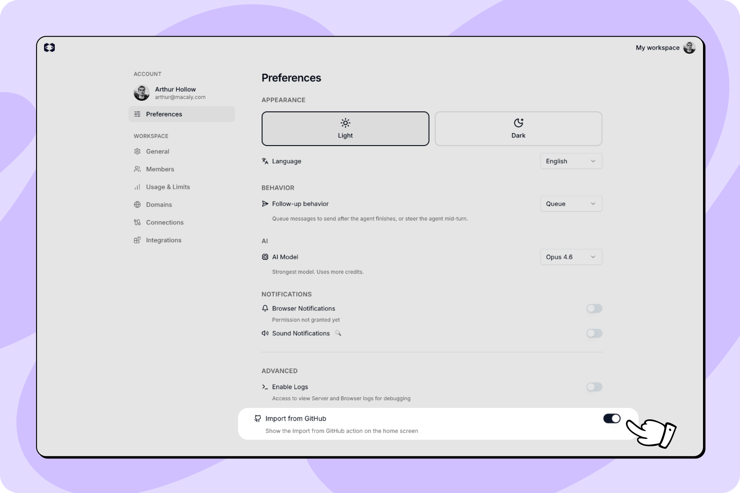 Preferences Advanced Import from GitHub toggle