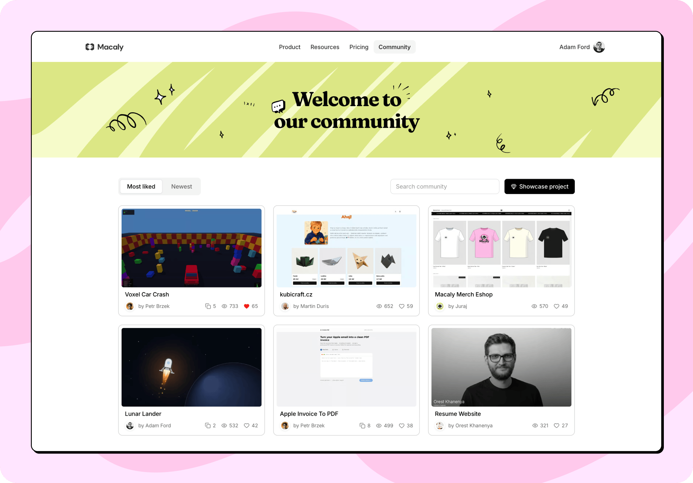 The community gallery with the Most liked and Newest tabs, the search box, and a grid of shared projects