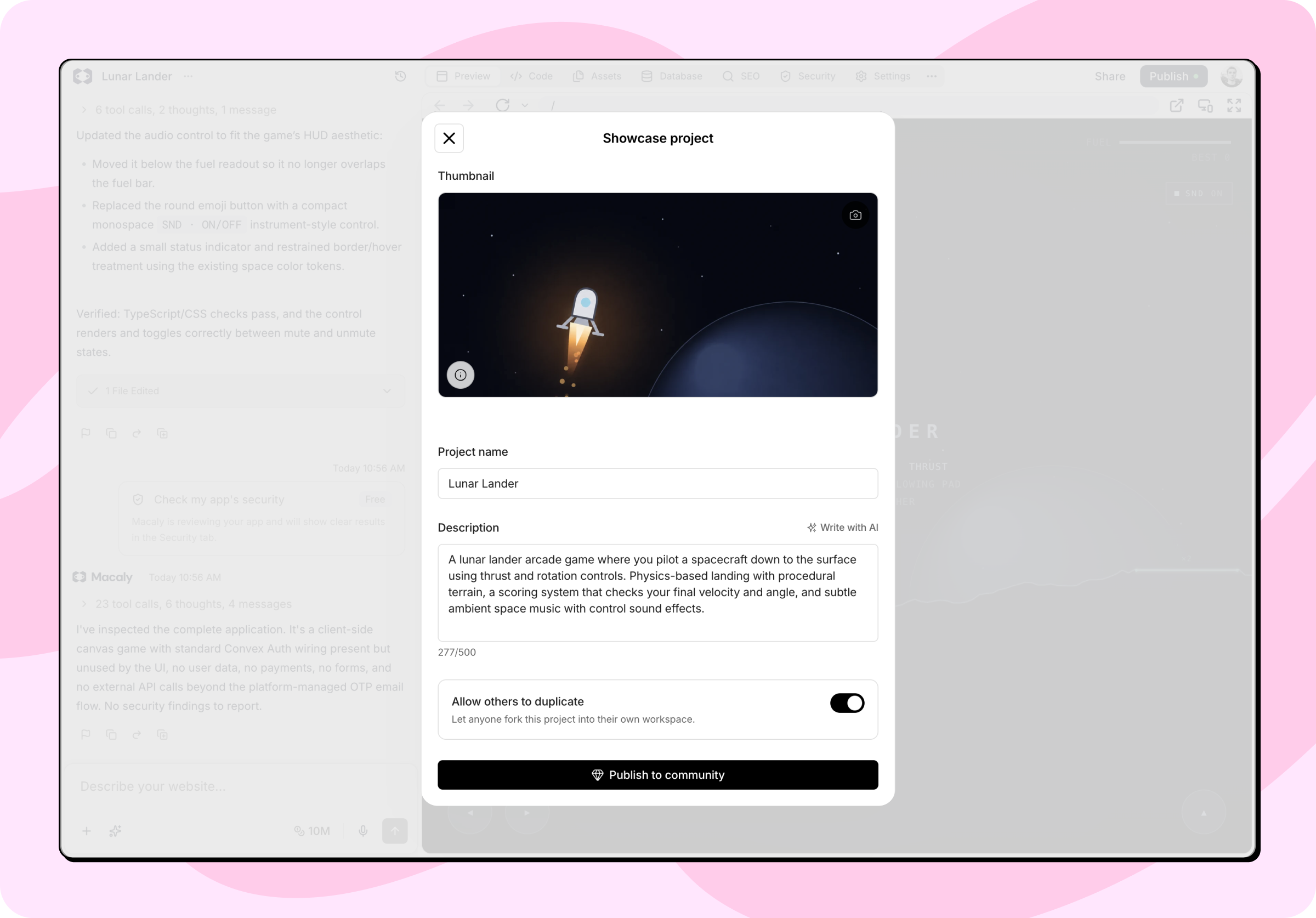 The Showcase project dialog with a thumbnail, project name, and a filled-in description with a character counter