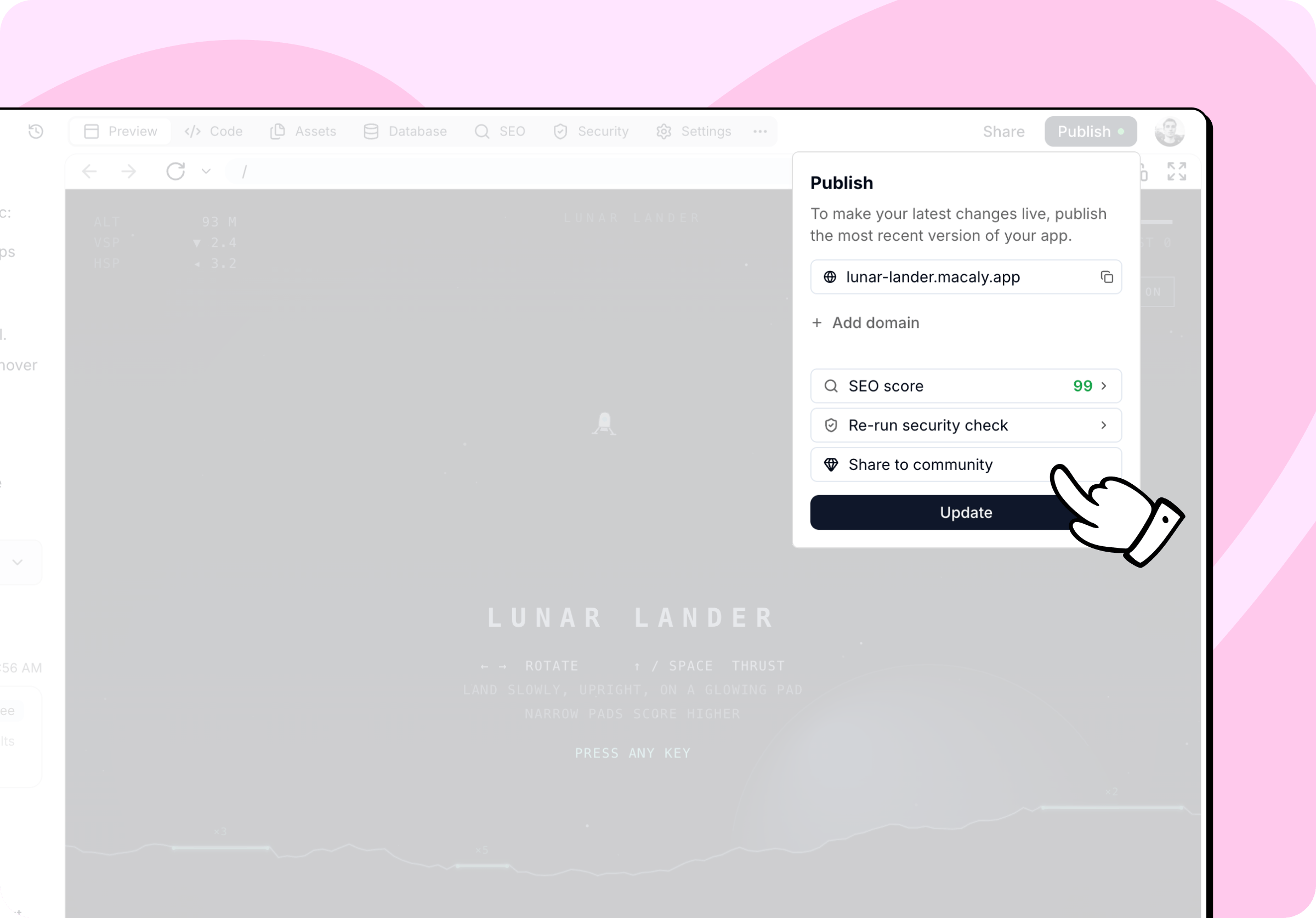 The Publish menu open in a chat, with Share to community listed above the Update button