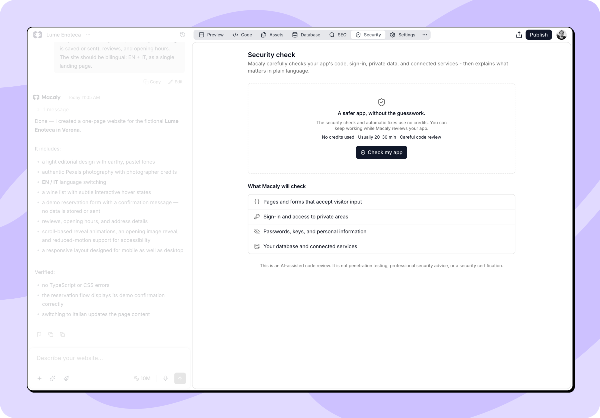 The Security tab before a check, with the Check my app button and the list of areas Macaly will check