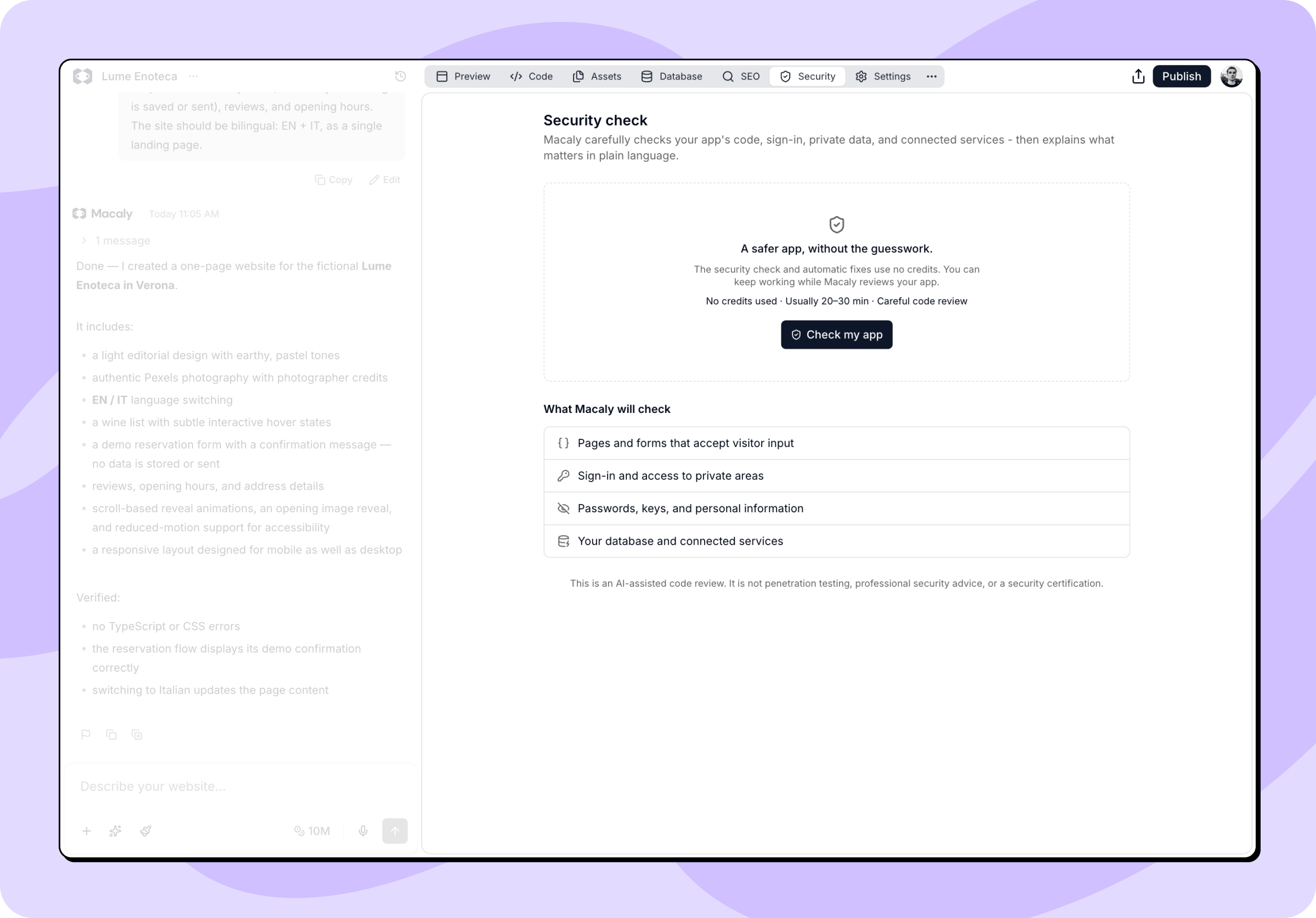 The Security tab before a check, with the Check my app button and the list of areas Macaly will check
