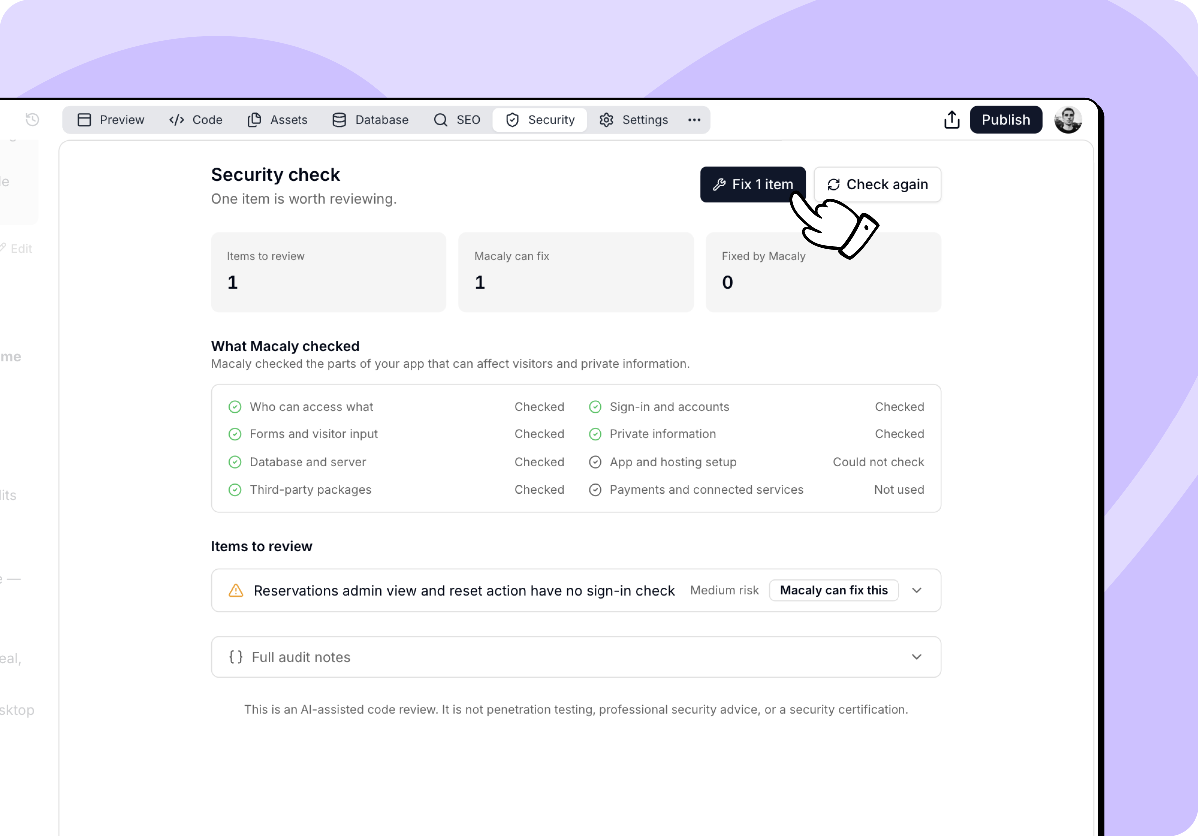A finished security check with the coverage list, one item to review, and the fix button
