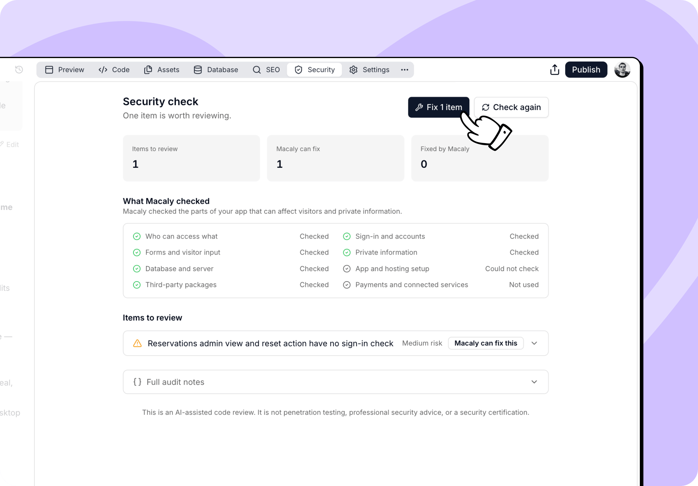 A finished security check with the coverage list, one item to review, and the fix button