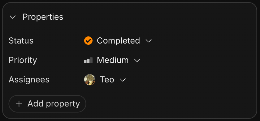 Task properties The properties card on a task showing Status, Priority, and Assignees