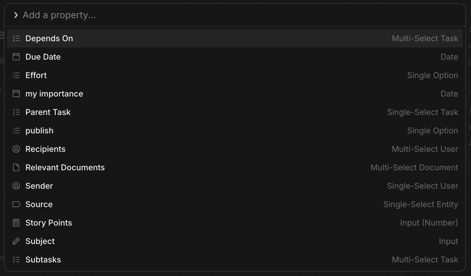 The Add property menu listing available property types