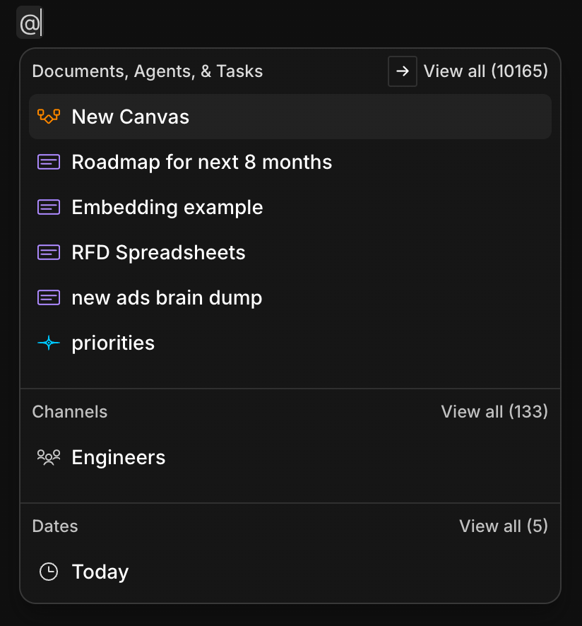 Mention autocomplete The @mention autocomplete menu open in a rich-text editor