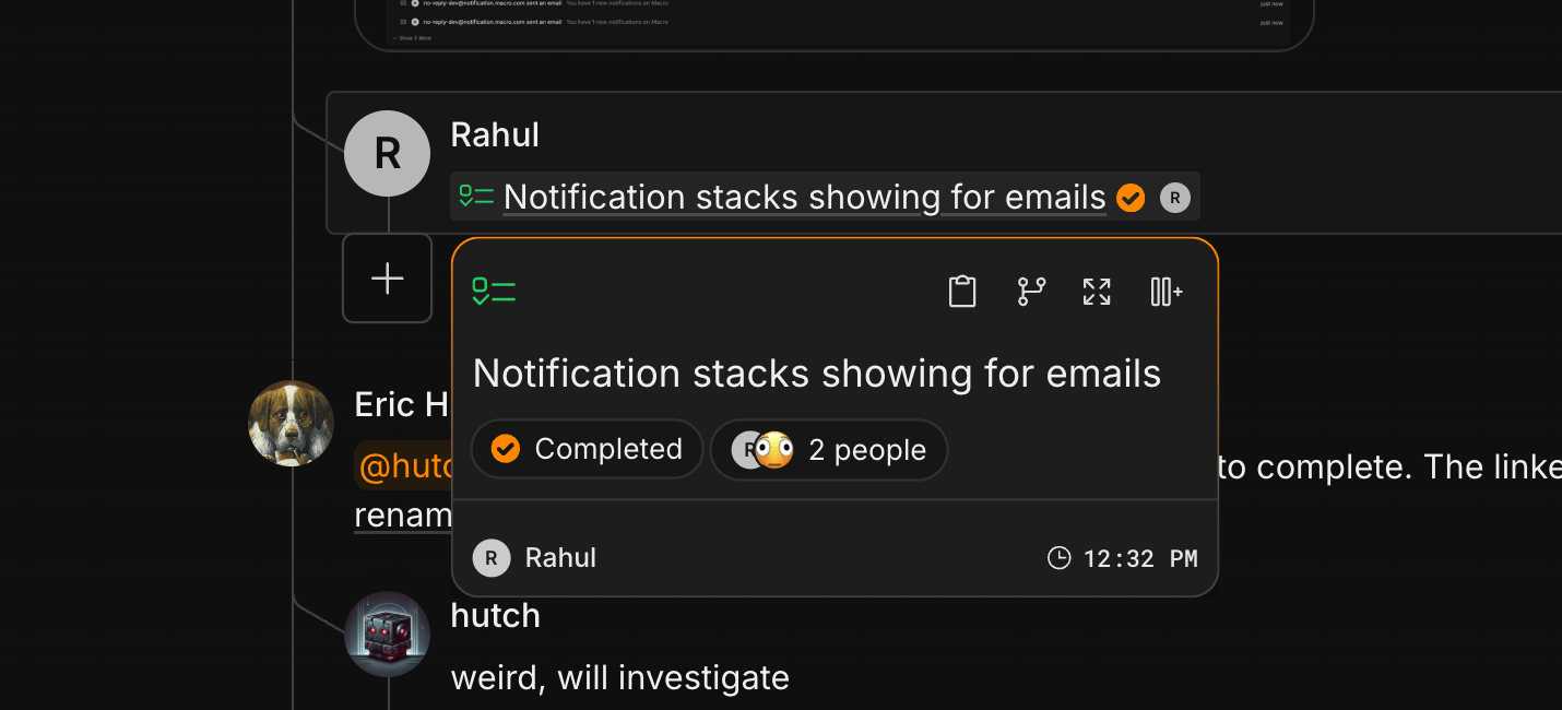 Task hover preview A hover preview of a task mention showing the task's status and details