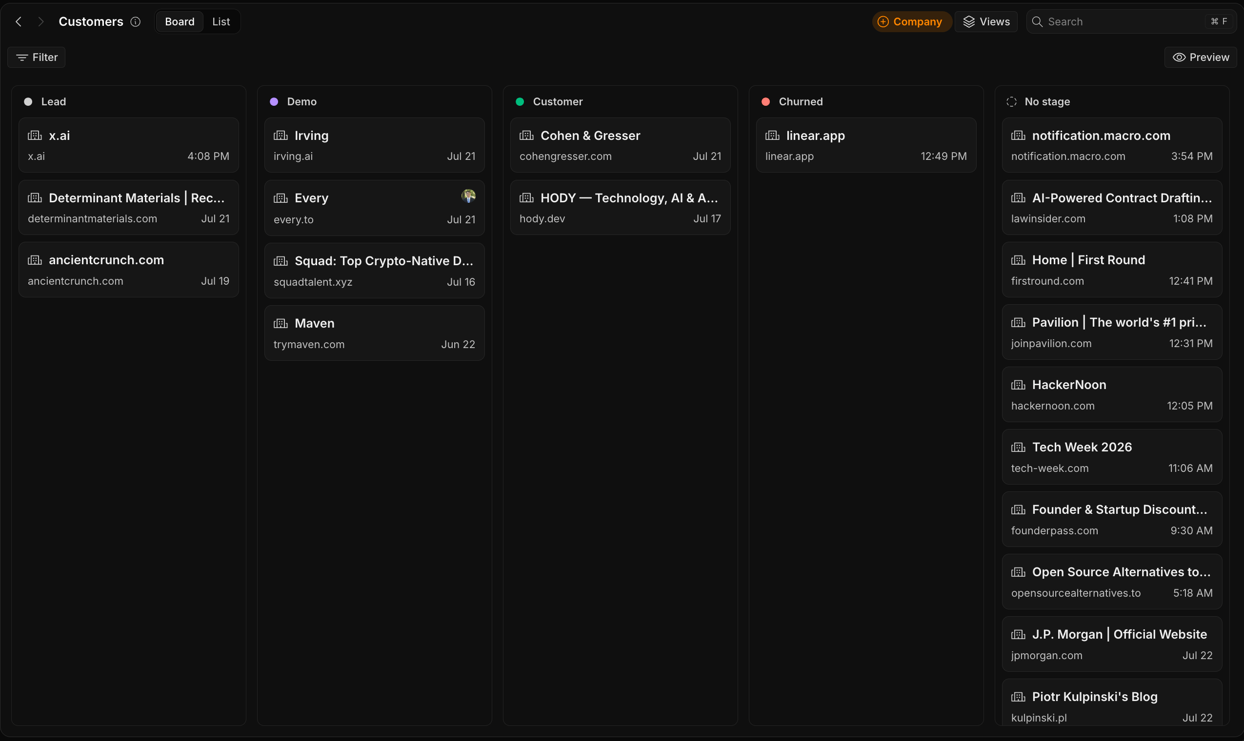 The CRM board view, with one column per stage