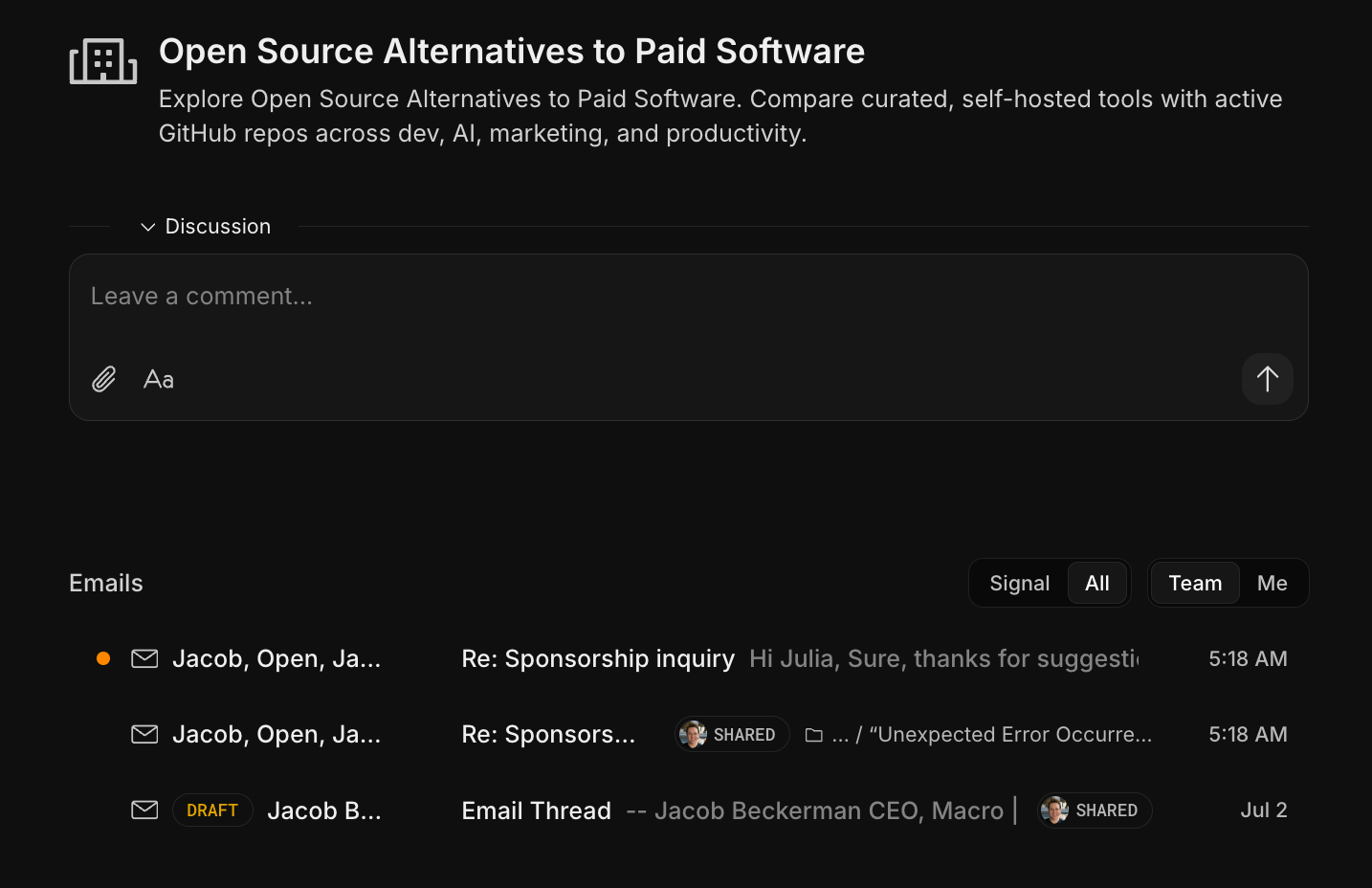 Macro CRM records alongside the Mail client