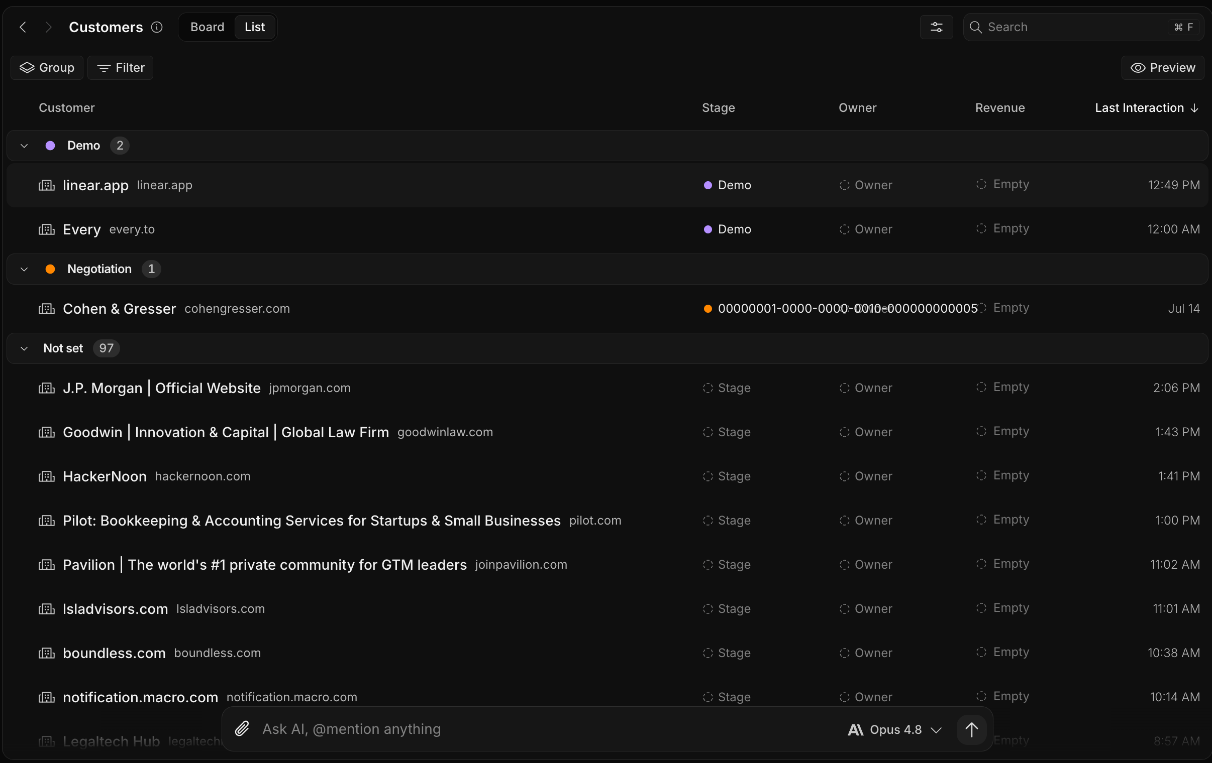 The CRM list view, a table grouped by stage