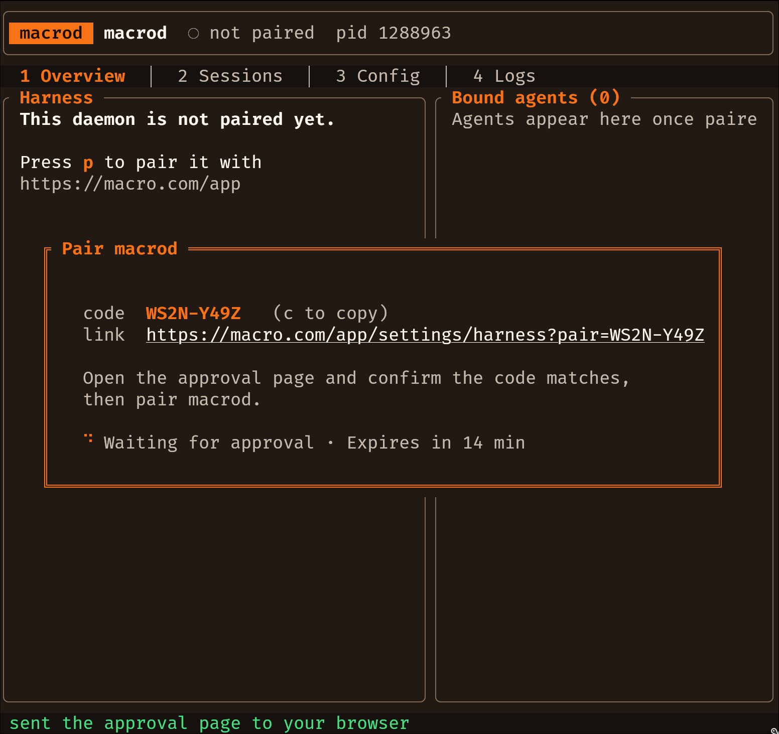 The macrod terminal with a device code and approval link in the Pair macrod panel