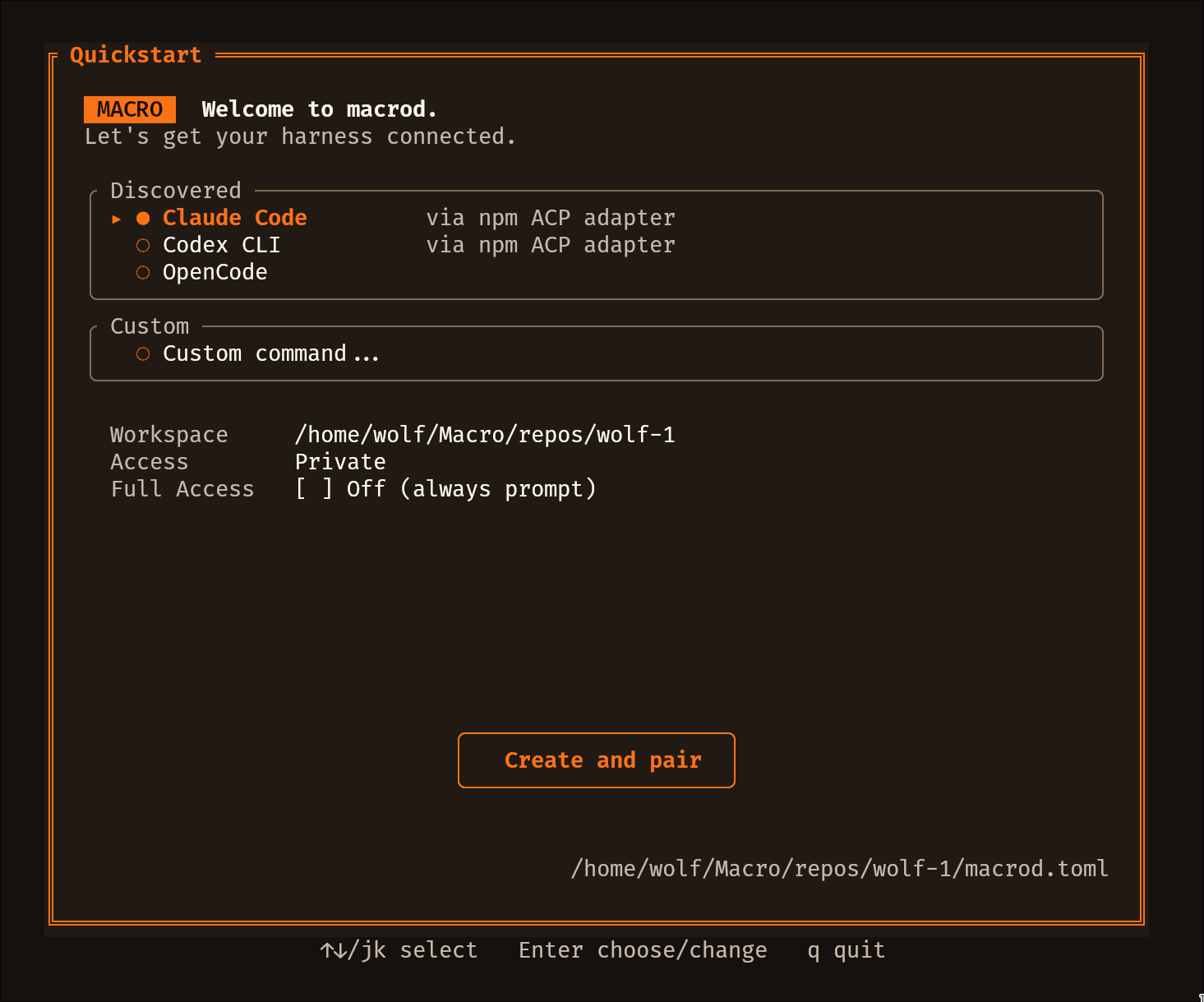 The macrod Quickstart configuration screen showing discovered agents, workspace, access, Full Access off, and the Create and pair button