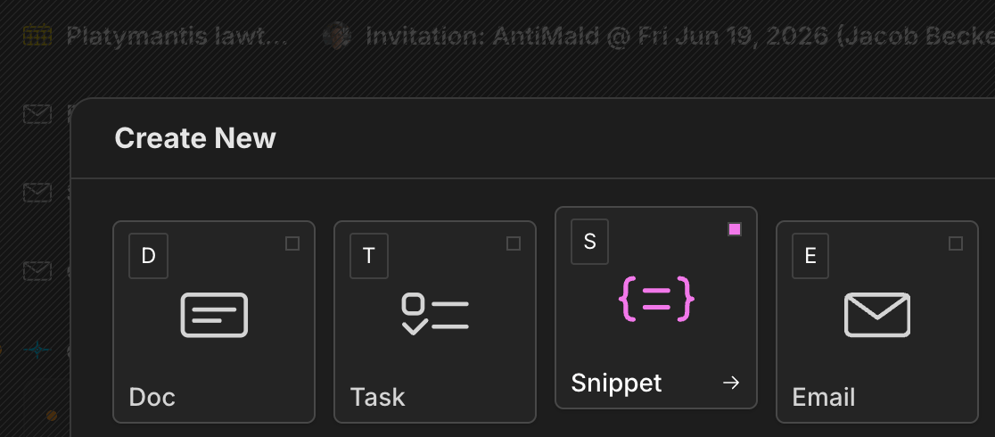 The Snippet card in the Create New launcher