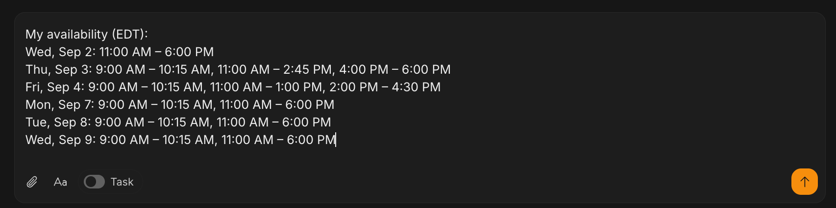 Copied availability pasted into a message, listing free time ranges by day with the timezone noted