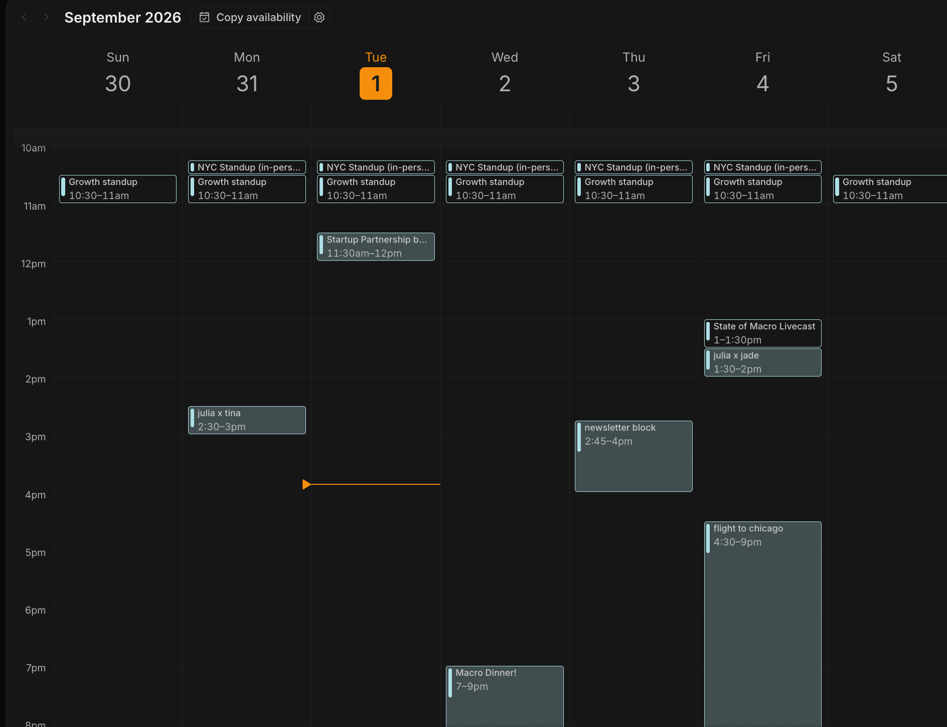 A week view of the calendar, with recurring standups, meetings and today's column highlighted