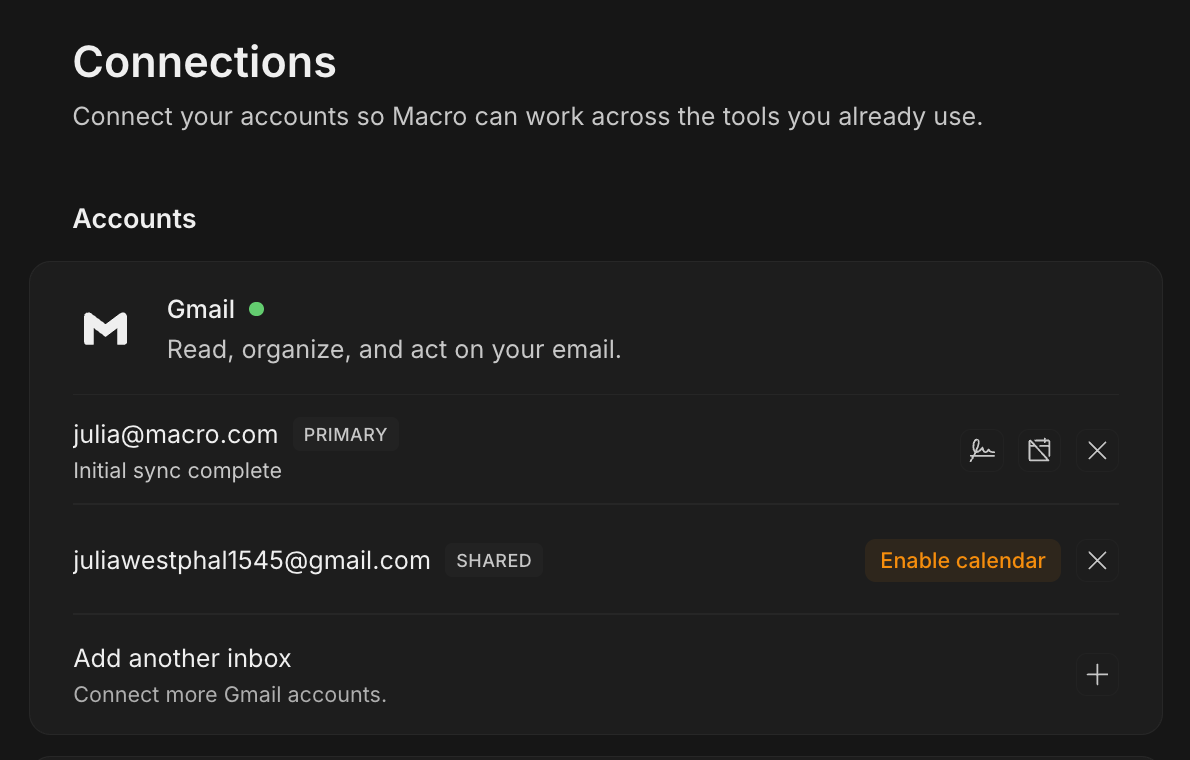 The Connections settings page, with an Enable calendar button beside a linked Gmail account