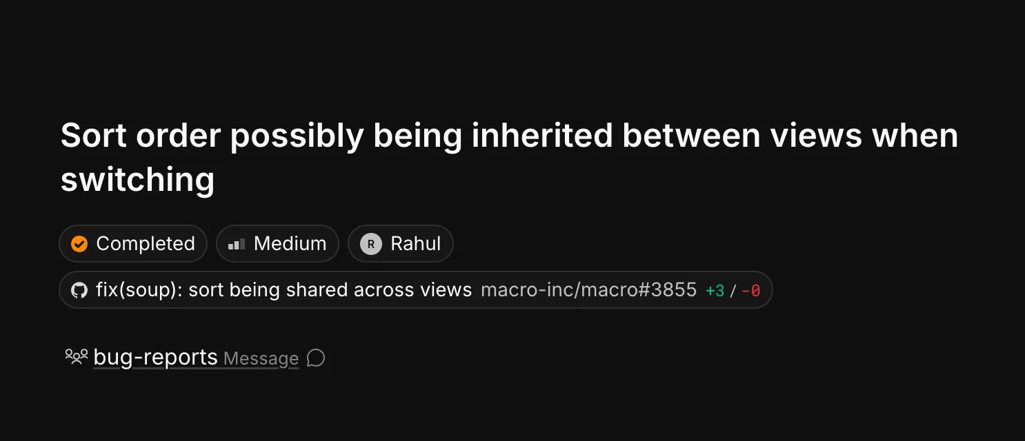 A completed task showing its linked GitHub pull request with diff stats