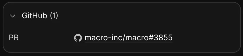 The GitHub section of a task's properties panel listing a linked pull request