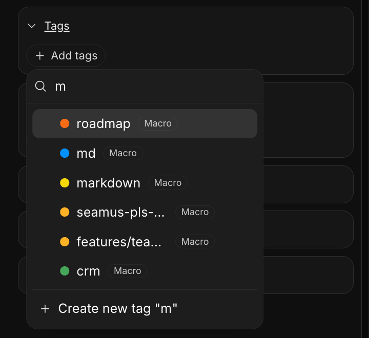Creating a tag inline with the tag menu