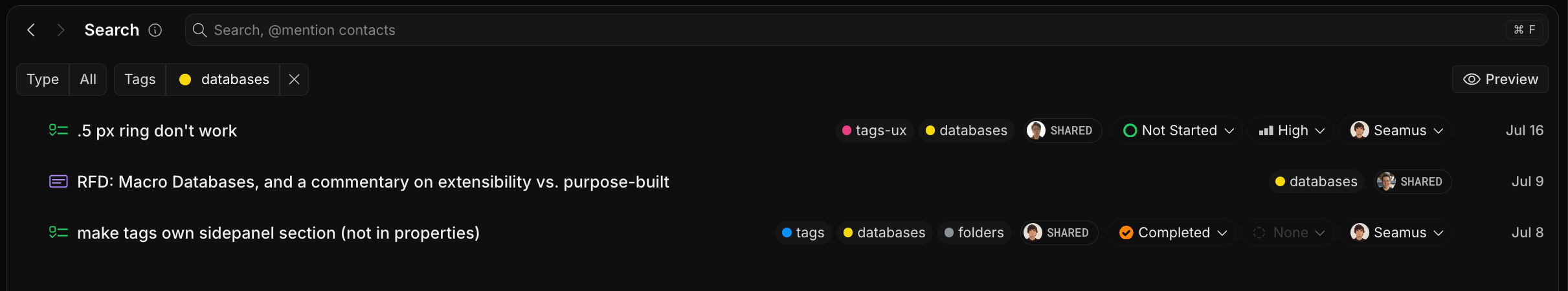Filtering the whole workspace by a tag in search