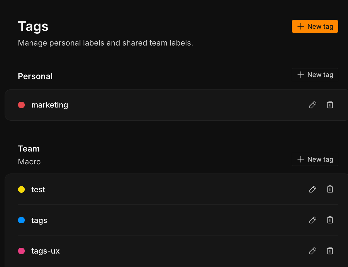 The Settings → Tags page, with Personal and Team sections