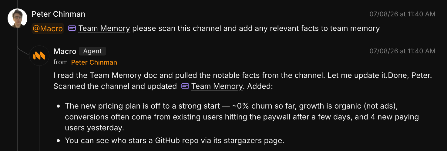 An @Macro mention in a channel and the agents' reply in-thread
