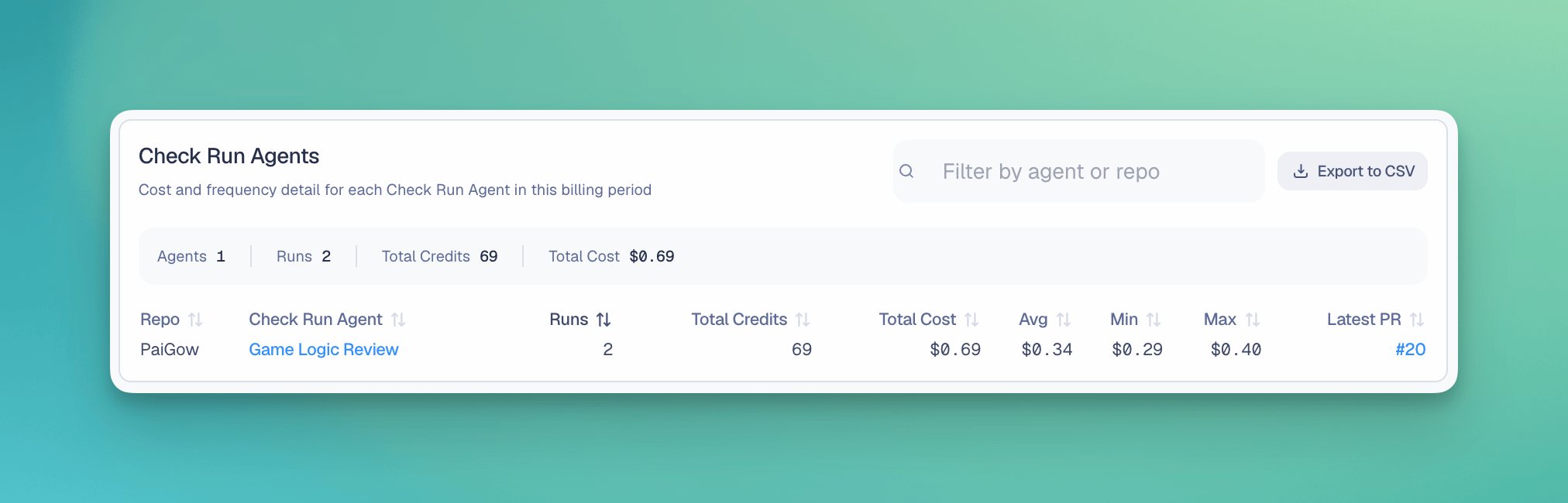 Check Run Agent usage table in Billing showing cost and frequency details