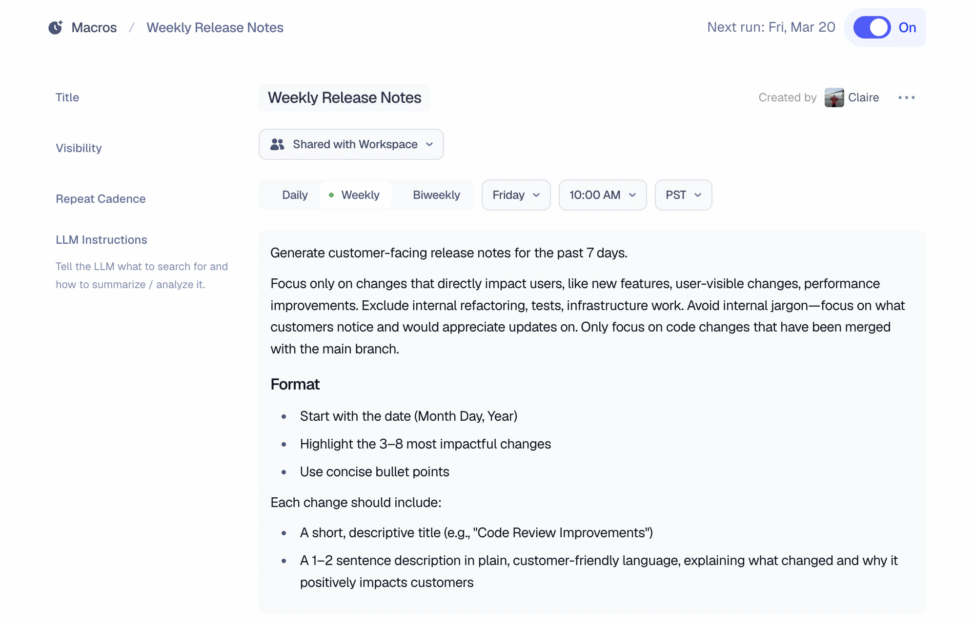 Next scheduled run for macros