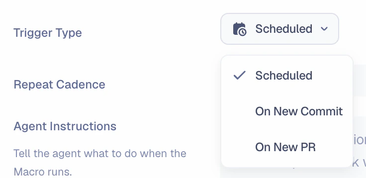 Trigger type dropdown showing Scheduled, On New Commit, and On New PR options