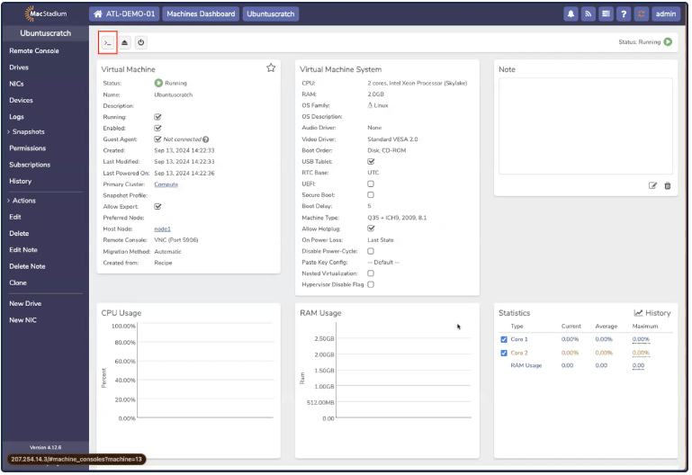 Private Cloud VM page with Console button highlighted