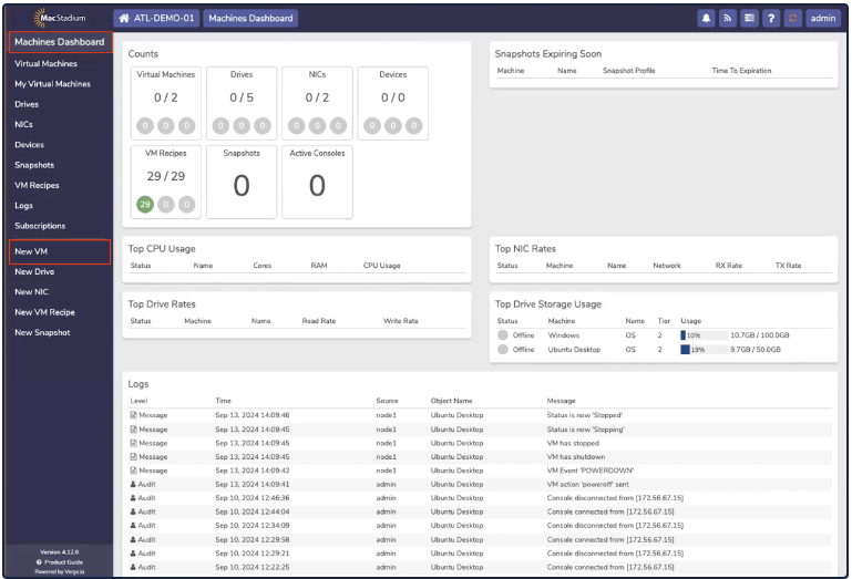 Private Cloud Machines Dashboard with New VM button