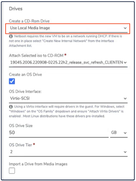 Private Cloud Drives section with CD-ROM Drive set to Use Local Media Image