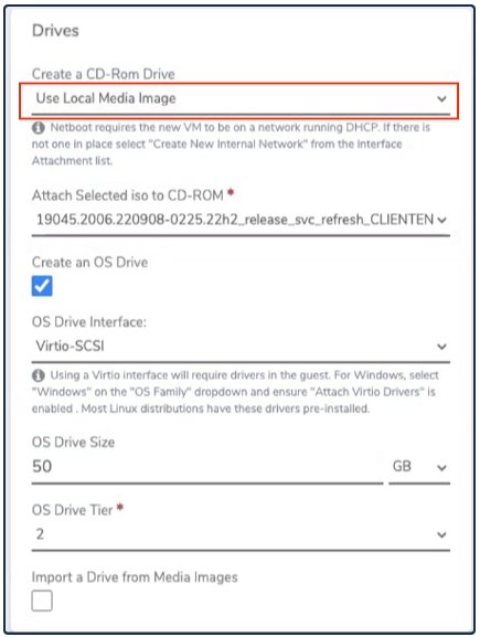 Private Cloud Drives section with CD-ROM Drive set to Use Local Media Image