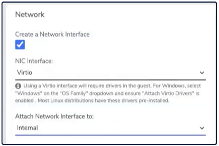 Private Cloud Network section with NIC Interface set to Virtio and Internal network selected