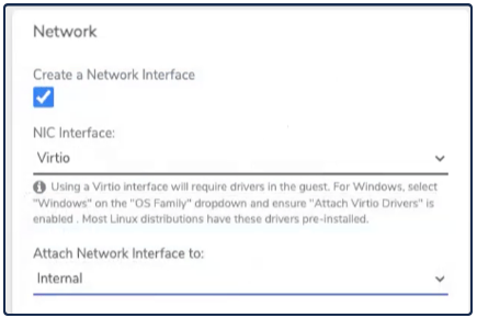 Private Cloud Network section with NIC Interface set to Virtio and Internal network selected