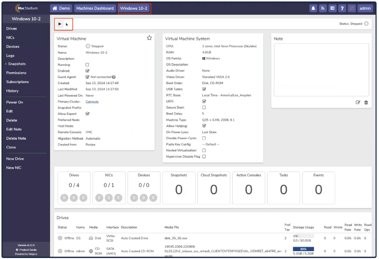 Private Cloud New VM page with Power button highlighted