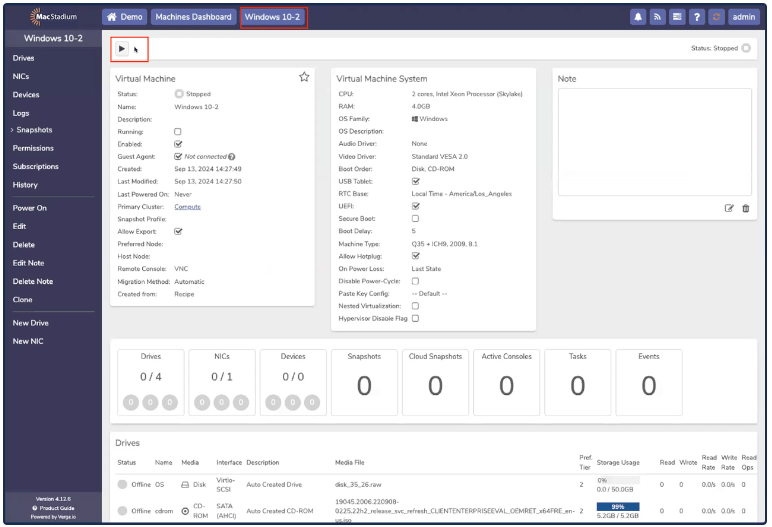 Private Cloud New VM page with Power button highlighted