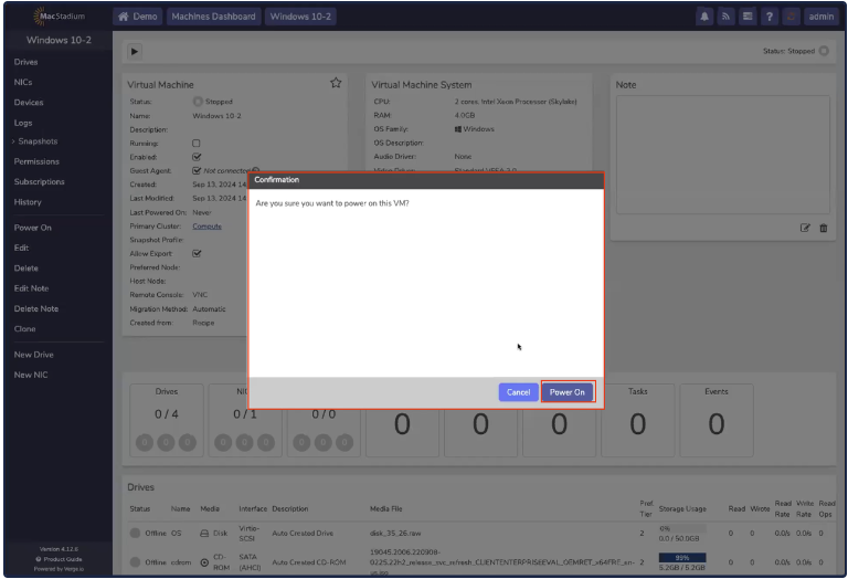 Private Cloud Power On confirmation dialog