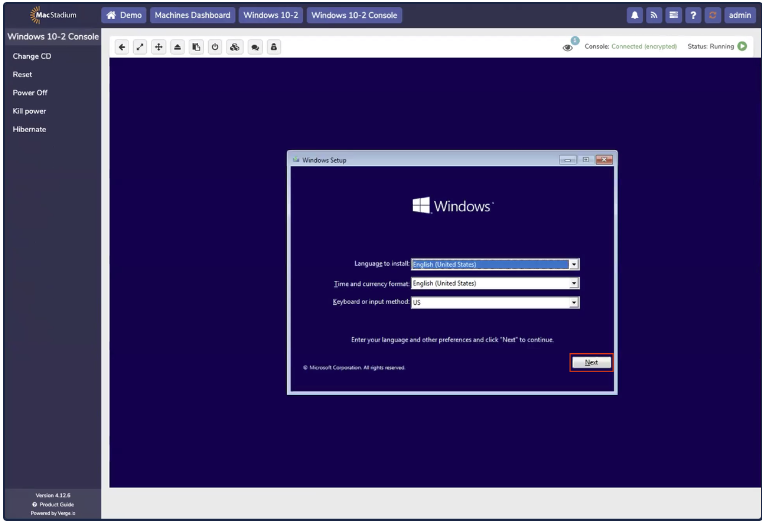 Windows setup language and region screen