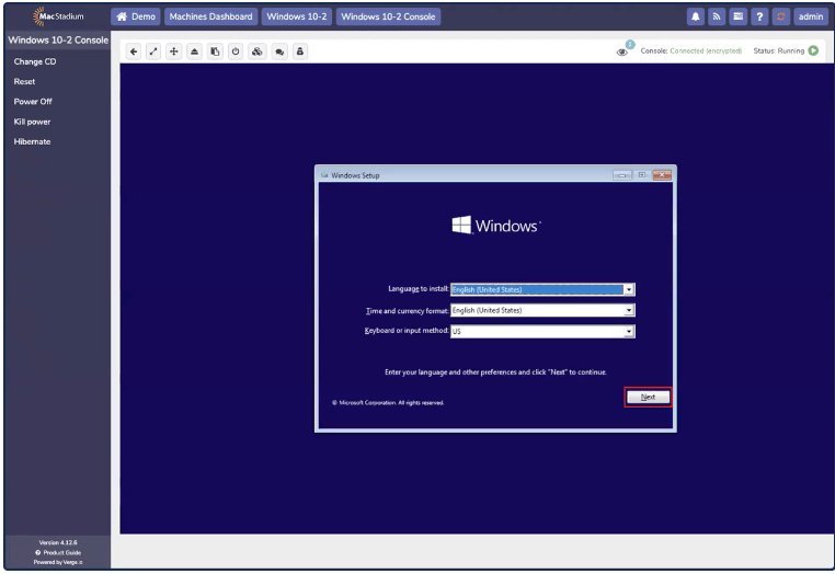 Windows setup language and region screen