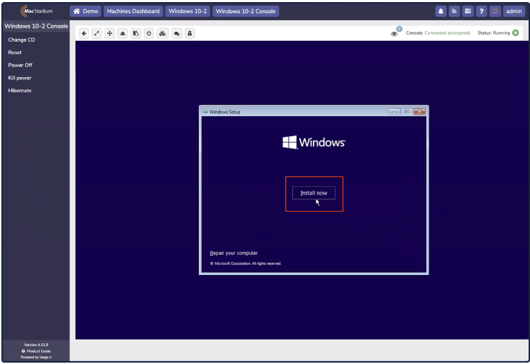 Windows setup screen with Install Now button