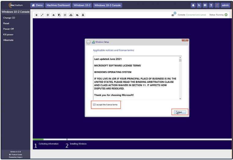 Windows setup license terms screen