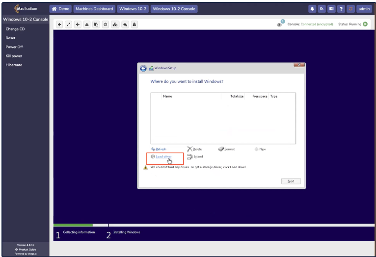 Windows setup Where to install screen with no drives found and Load Driver button