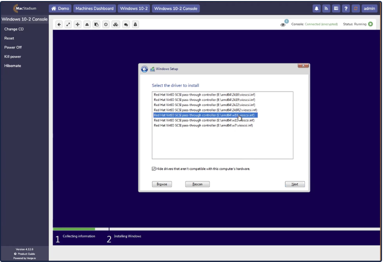 Windows driver selection list showing Virtio SCSI drivers by OS version