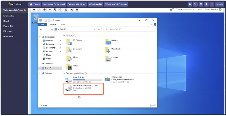 Windows Explorer showing This PC with Virtio drivers CD drive